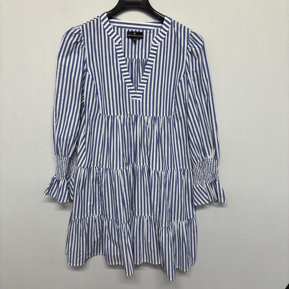 Pomander Place Blue White Stripe Cotton Poplin Kenzo Dress Size Large C134 -27